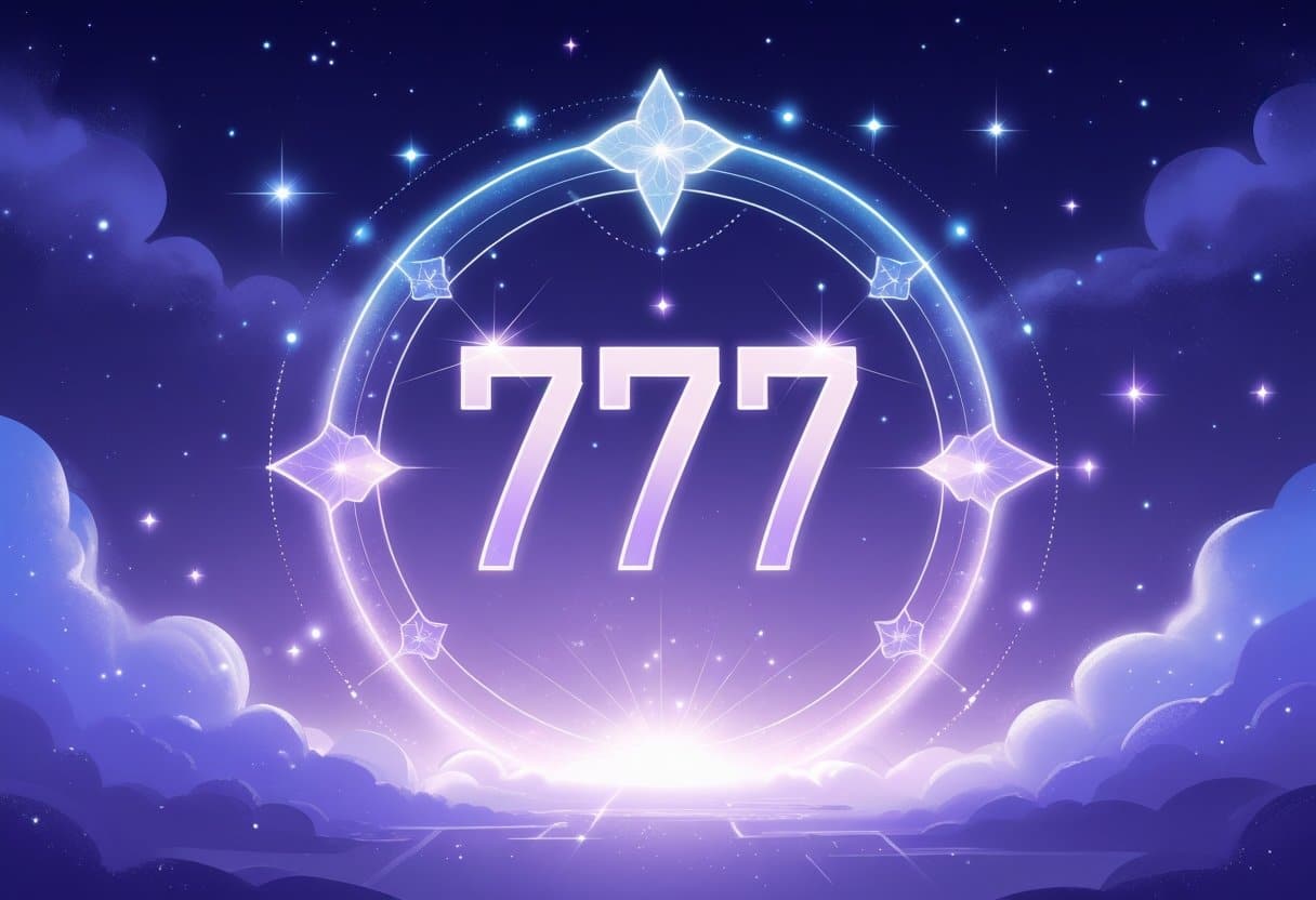 Ilustração mostrando um número sete repetido três vezes em uma aura brilhante, rodeado por estrelas e nuvens suaves em um fundo azul e roxo.