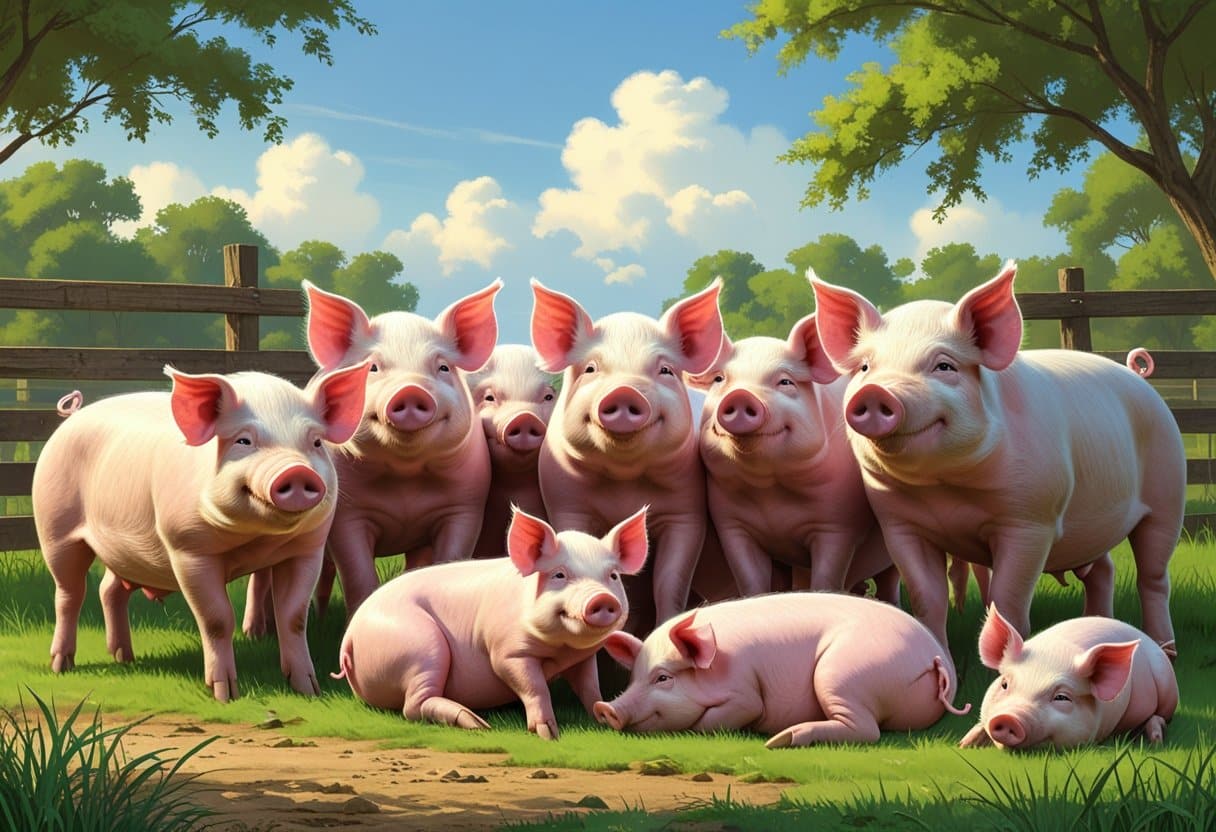 Um grupo de porcos reunidos em um ambiente de fazenda com grama, cerca de madeira e árvores ao fundo.