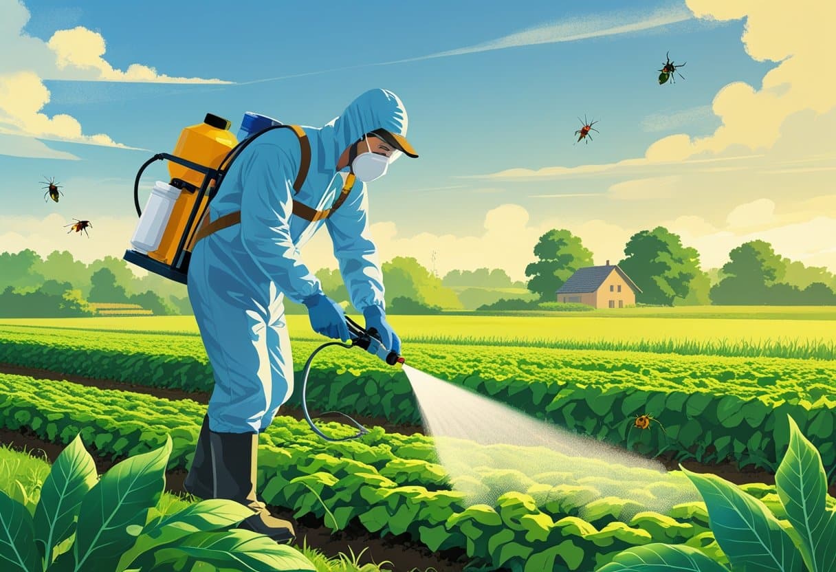 Um agricultor usando roupas de proteção aplicando pesticida em uma plantação verde, com plantas saudáveis e insetos ao redor.