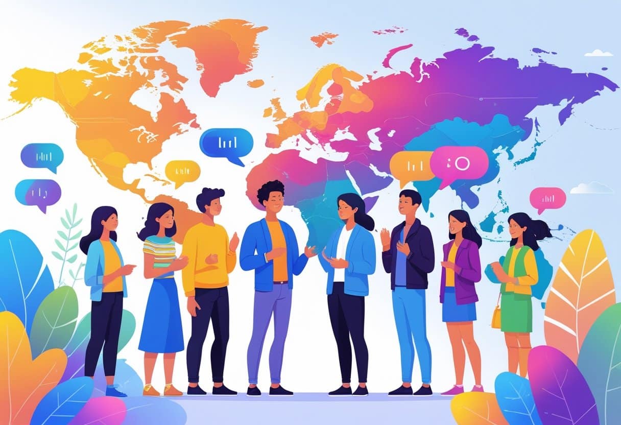 Um grupo diversificado de pessoas conversando animadamente em um cenário que representa a comunicação global, com ondas sonoras e um mapa-múndi ao fundo.