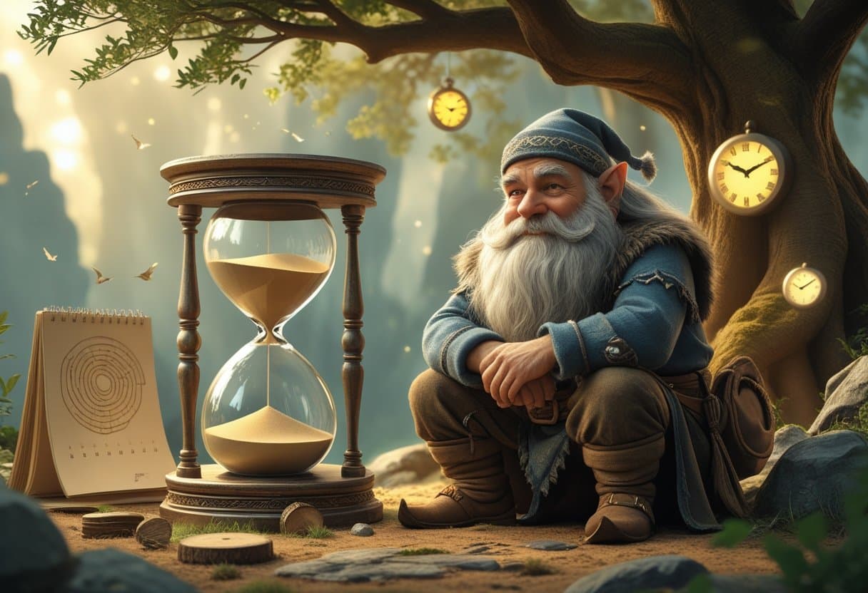 Um anão idoso sentado ao lado de uma ampulheta grande, com elementos que representam a passagem do tempo ao redor.