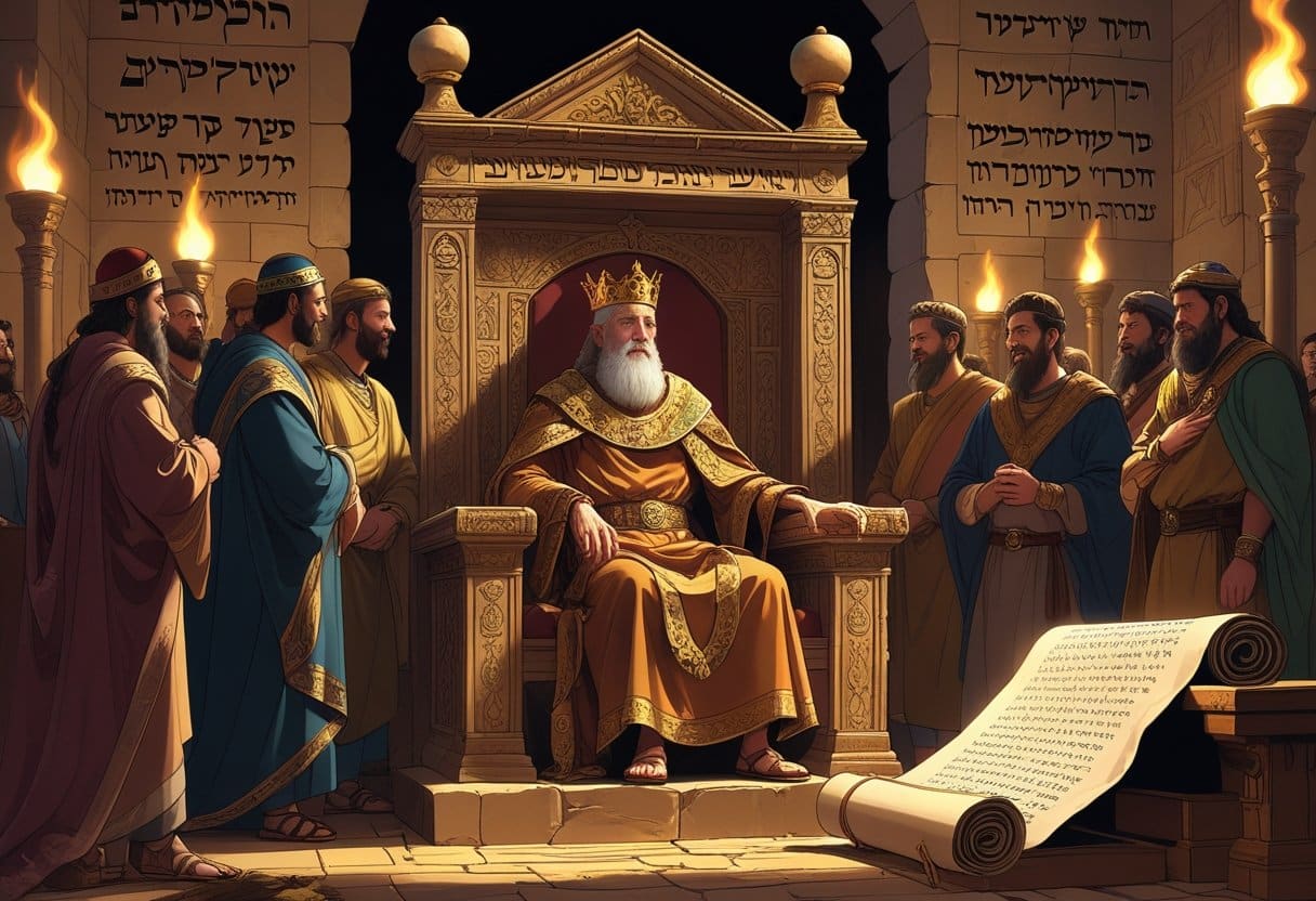 O rei Salomão idoso sentado em seu trono em uma câmara real antiga, cercado por conselheiros atentos, transmitindo uma atmosfera de respeito e solenidade.