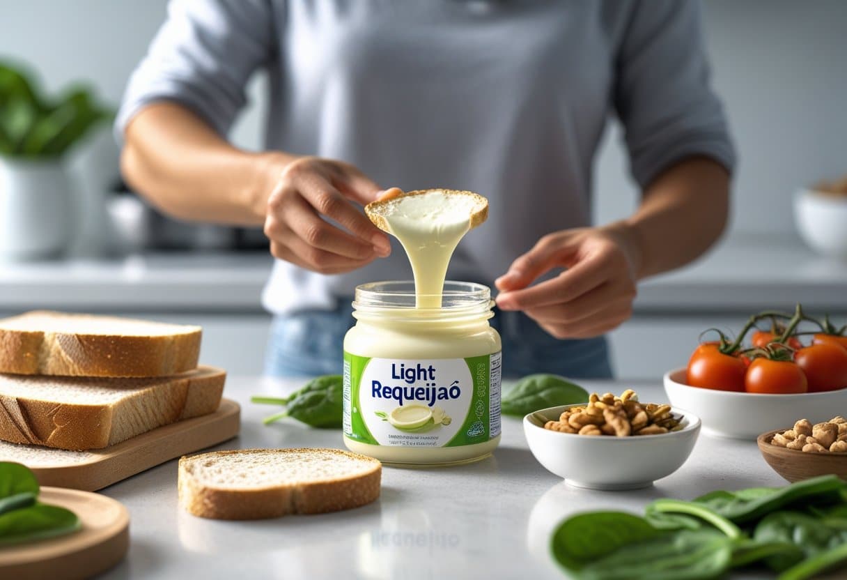 Pessoa preparando um lanche saudável com requeijão light em uma cozinha clara, com ingredientes frescos ao redor.