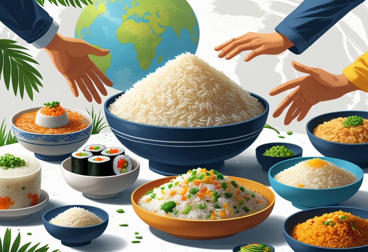 Ilustração mostrando diferentes pratos de arroz representando o alimento mais consumido no mundo, com mãos de várias pessoas ao redor, simbolizando consumo global.
