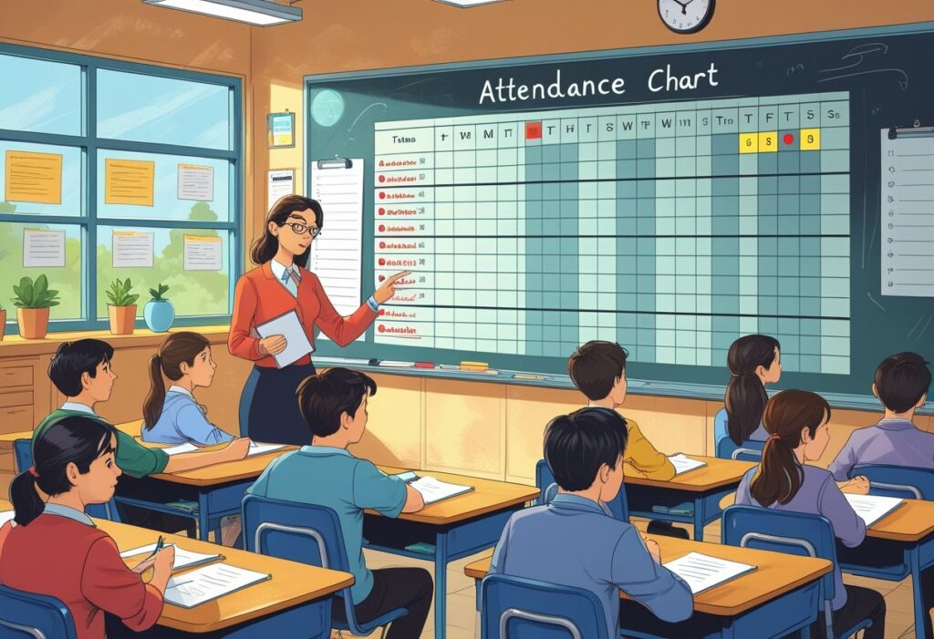 Professor apontando para um quadro com um gráfico de faltas enquanto alunos observam atentos em uma sala de aula.