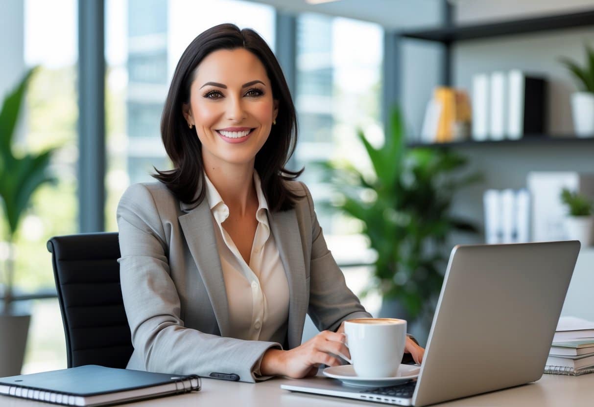 Mulher sorridente sentada em uma mesa de escritório moderno com laptop e plantas ao fundo.