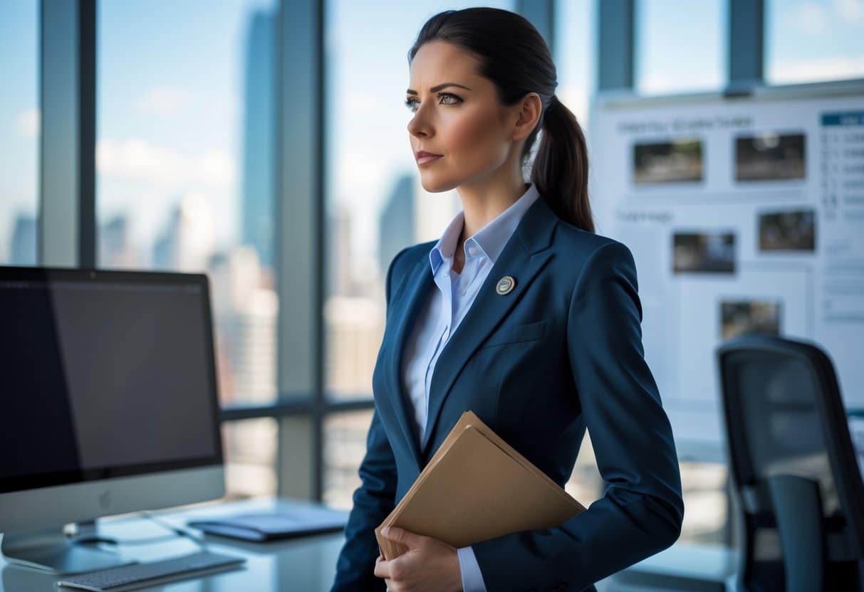 Mulher profissional em um escritório moderno segurando uma pasta, olhando para fora da janela com uma cidade ao fundo.