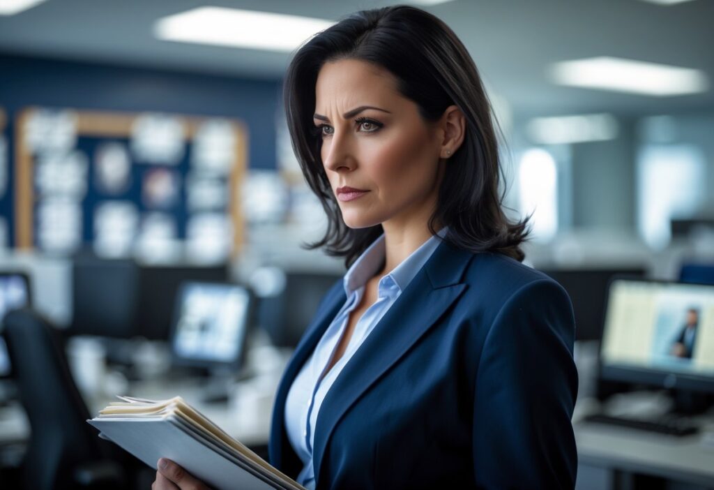 Mulher policial séria em um escritório de delegacia, segurando uma pasta e olhando atentamente.