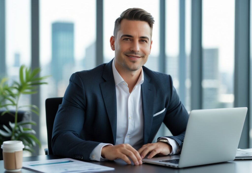 Homem confiante sentado em escritório moderno com laptop e documentos, olhando para a câmera com expressão amigável.