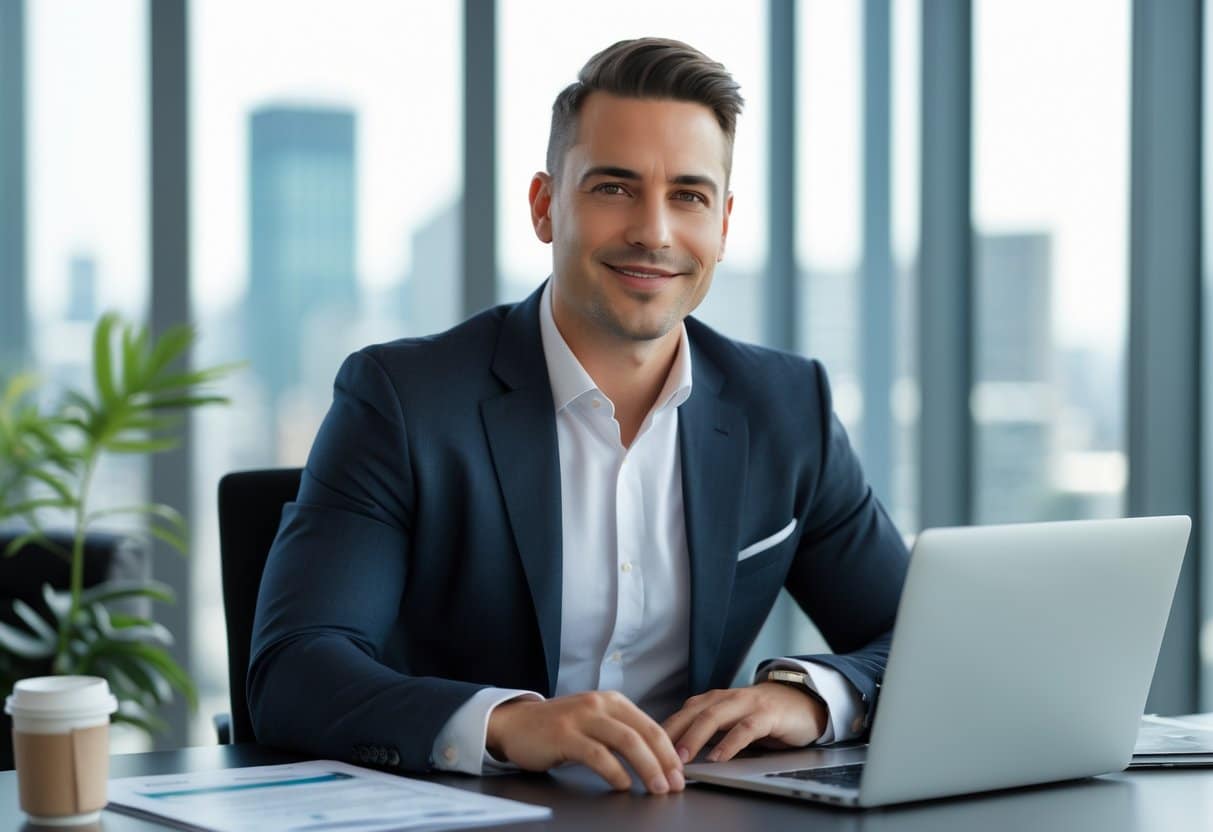 Homem confiante sentado em escritório moderno com laptop e documentos, olhando para a câmera com expressão amigável.