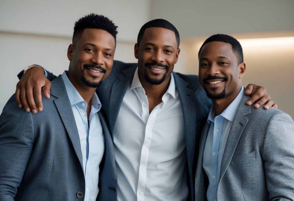 Três homens afro-americanos sorrindo juntos em um estúdio com iluminação suave.