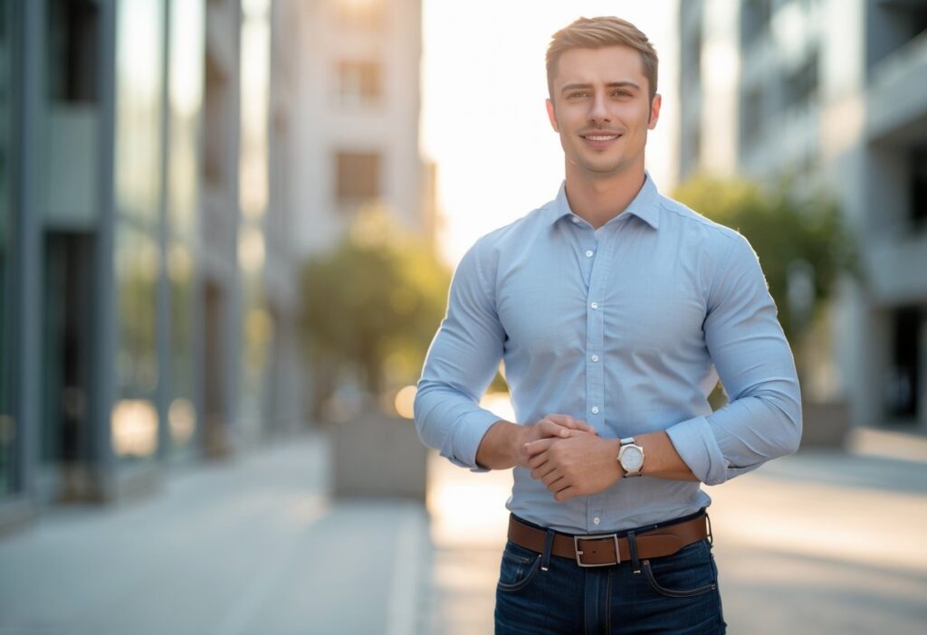 Homem jovem de altura média em pé em ambiente urbano durante o dia, vestindo camisa azul clara e jeans escuros.