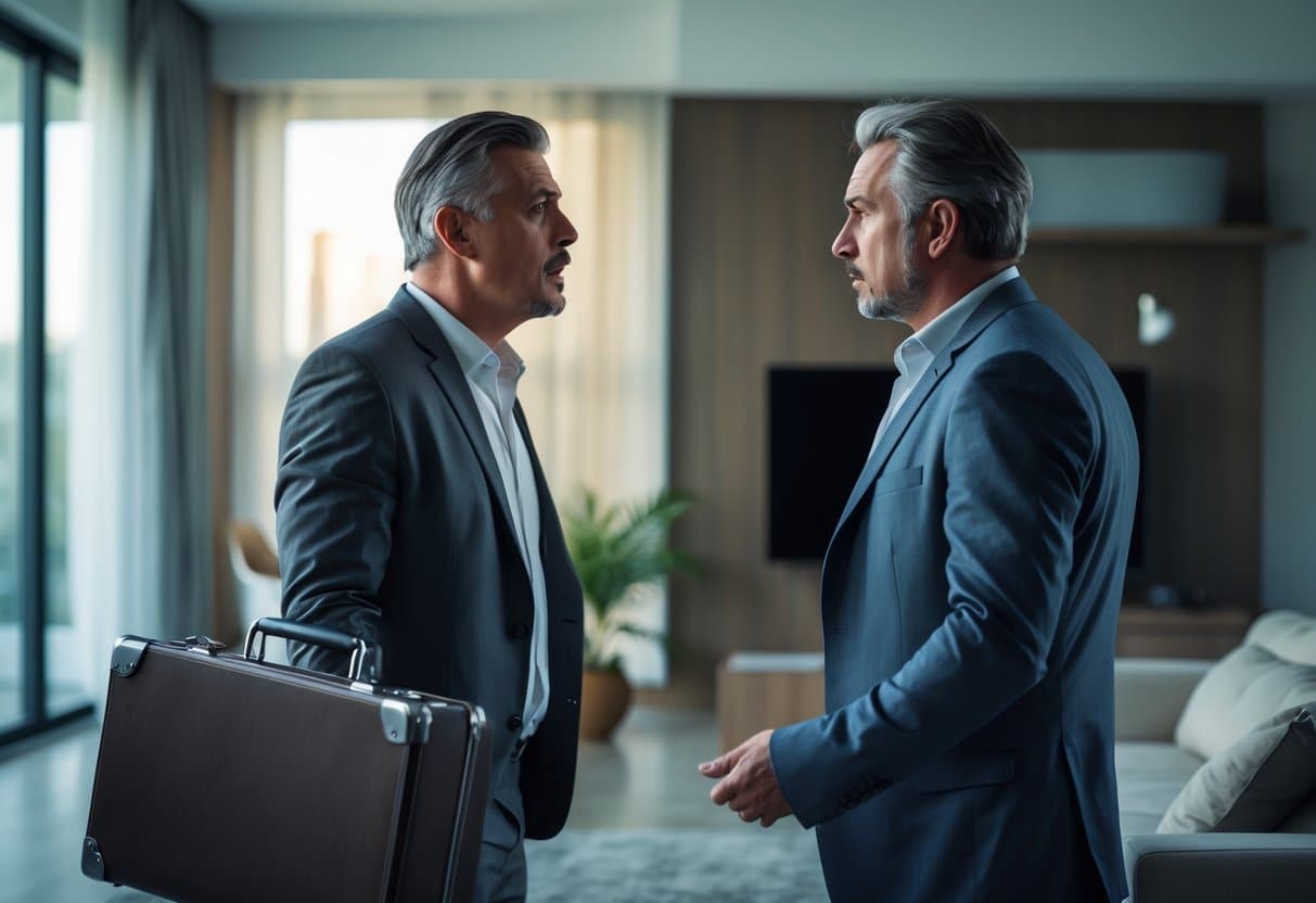 Dois homens em uma sala, um com expressão chocada confrontando o outro que parece calmo e reservado.