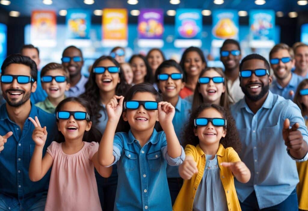 Famílias e crianças animadas em um saguão de cinema moderno esperando para assistir a um filme de animação.