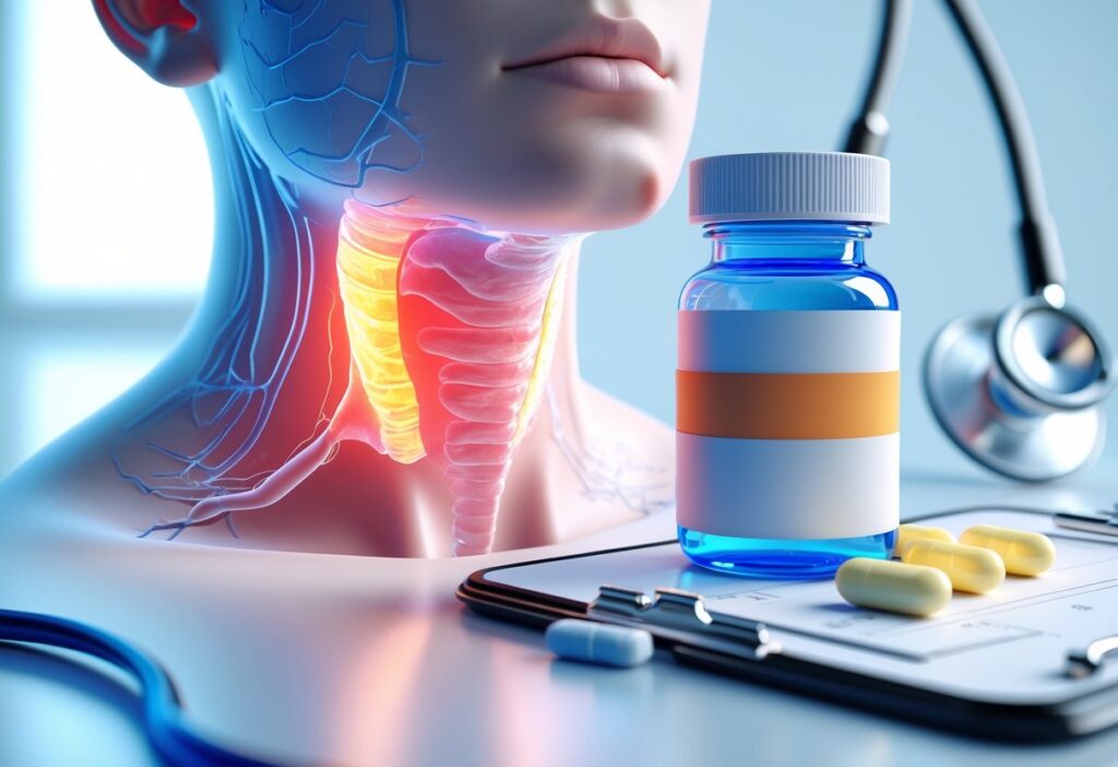 Ilustração mostrando uma garganta inflamada e um frasco de medicamento representando prednisona para dor de garganta.