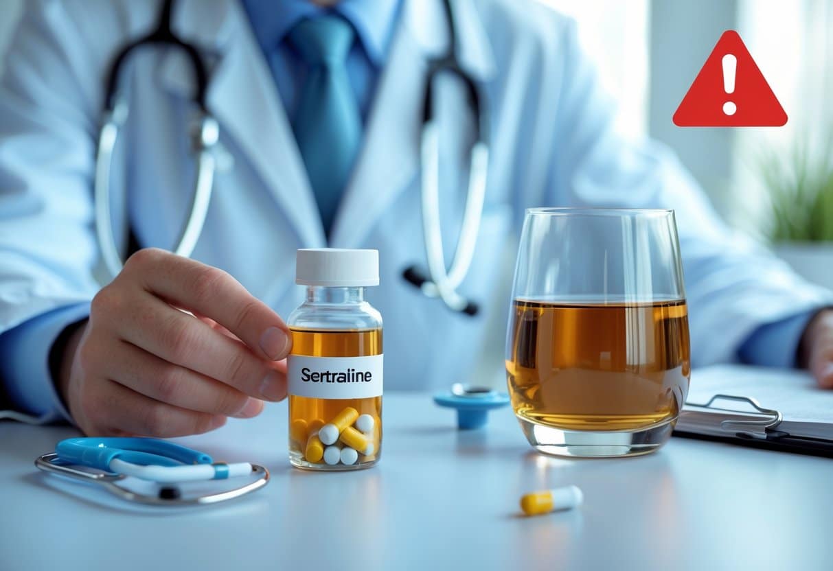 Uma mão de profissional de saúde segurando um frasco de remédio próximo a um copo de bebida alcoólica sobre uma mesa, com símbolos médicos ao fundo indicando cautela.