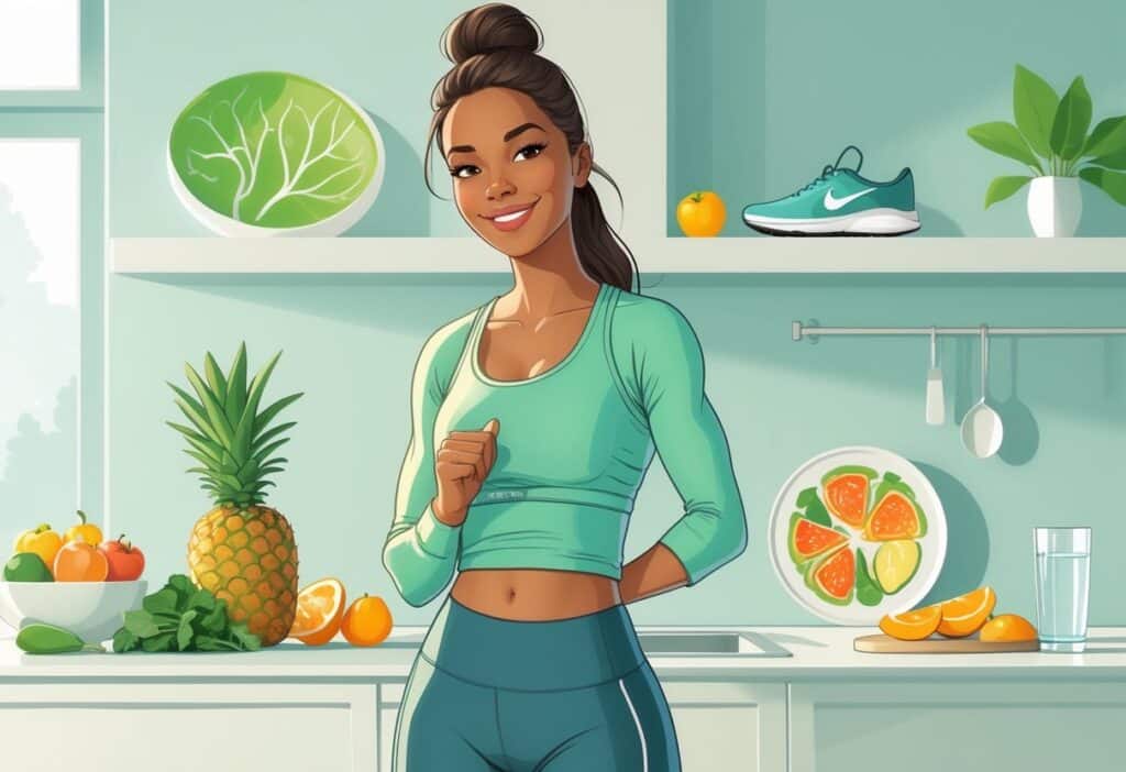 Mulher sorridente em uma cozinha moderna com frutas frescas e roupas esportivas, transmitindo saúde e bem-estar.