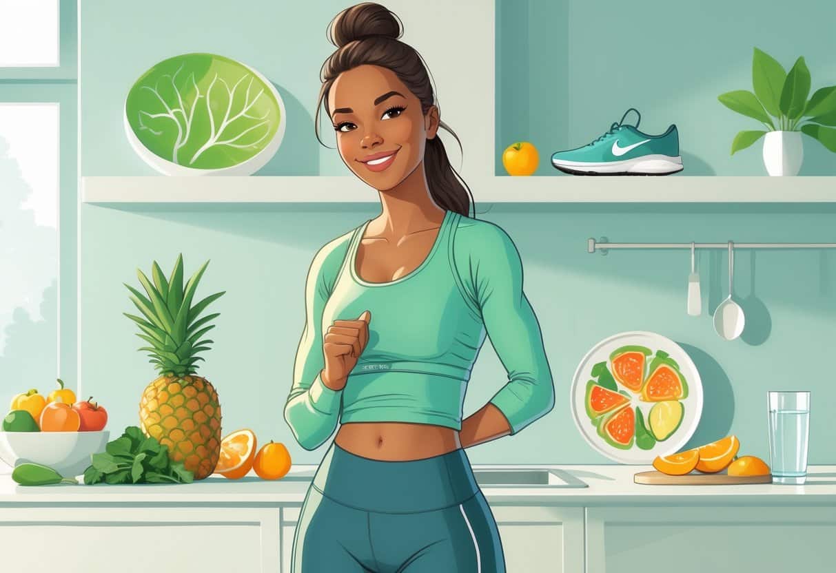 Mulher sorridente em uma cozinha moderna com frutas frescas e roupas esportivas, transmitindo saúde e bem-estar.