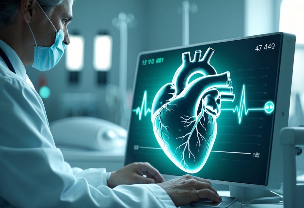 Ilustração de um coração humano com um monitor de batimentos mostrando frequência cardíaca de 47, com um profissional de saúde analisando os dados em um ambiente clínico.
