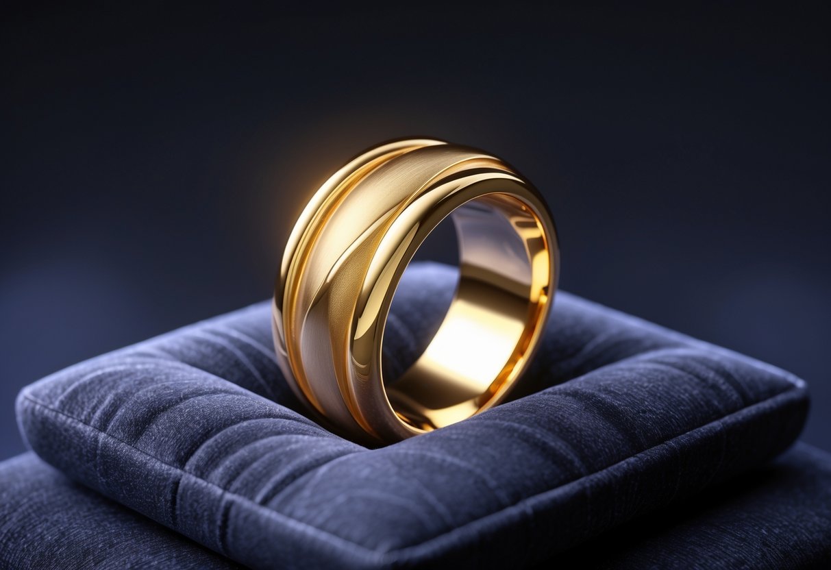 Anel de ouro luxuoso exibido sobre uma almofada de veludo escuro.
