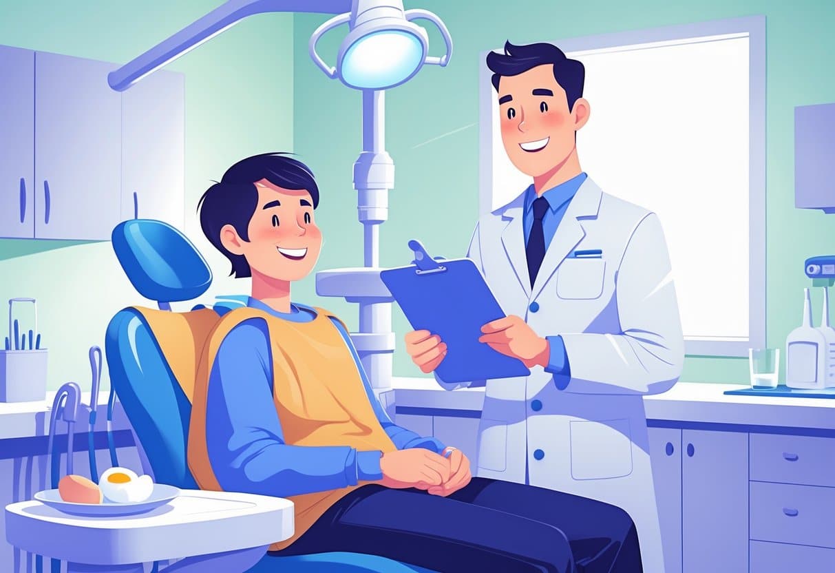 Paciente sentado em cadeira odontológica com curativo na boca, dentista ao lado explicando cuidados, prato com ovo cozido ao fundo.