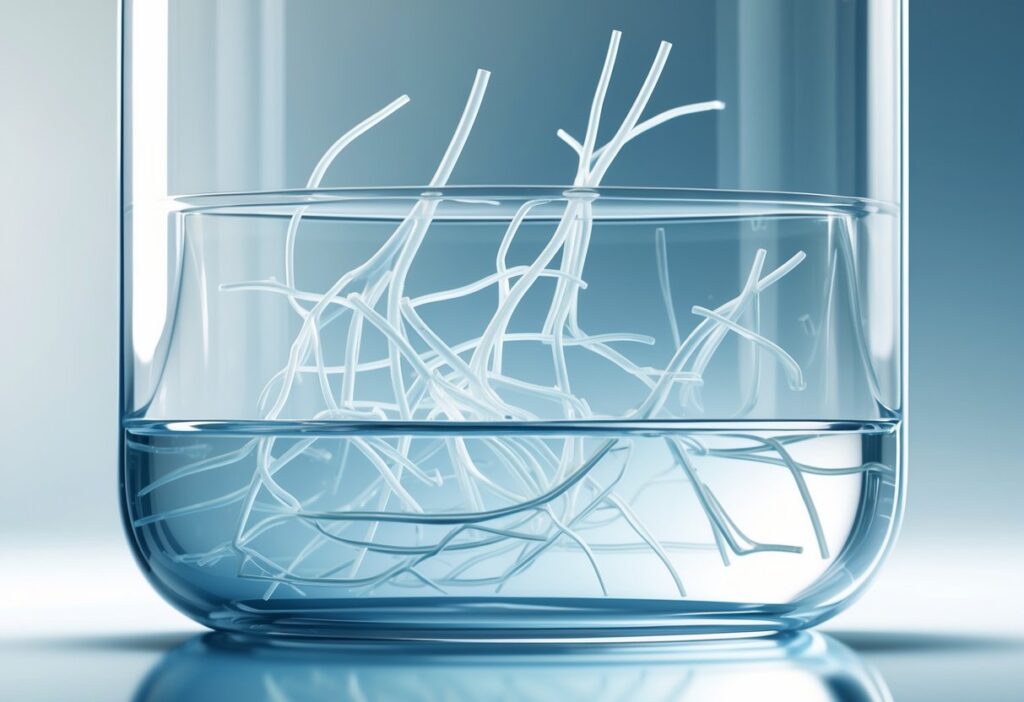 Ilustração mostrando filamentos de muco flutuando em uma amostra de urina transparente dentro de um recipiente de laboratório.