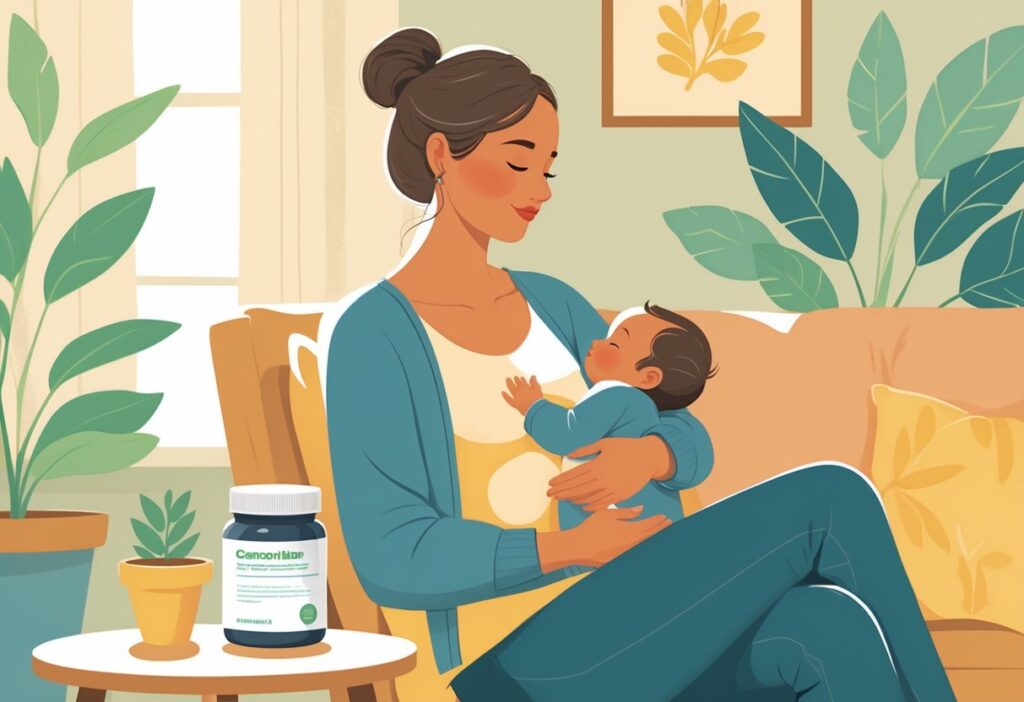 Mãe amamentando seu bebê sentada confortavelmente em um ambiente acolhedor, com um pote de suplemento próximo.