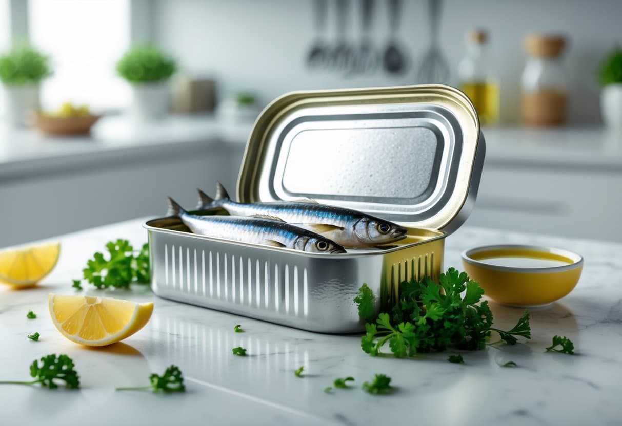 Uma lata aberta de sardinhas frescas sobre uma bancada de cozinha com fatias de limão, salsa e um pequeno recipiente de azeite ao redor.