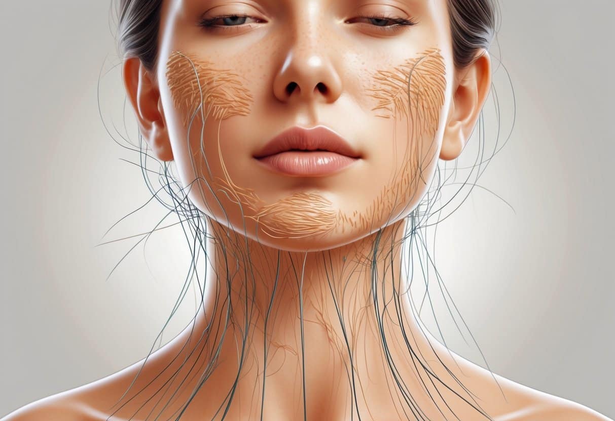 Close-up do rosto e pescoço mostrando fios de sustentação sob a pele com irregularidades e tensão visíveis.