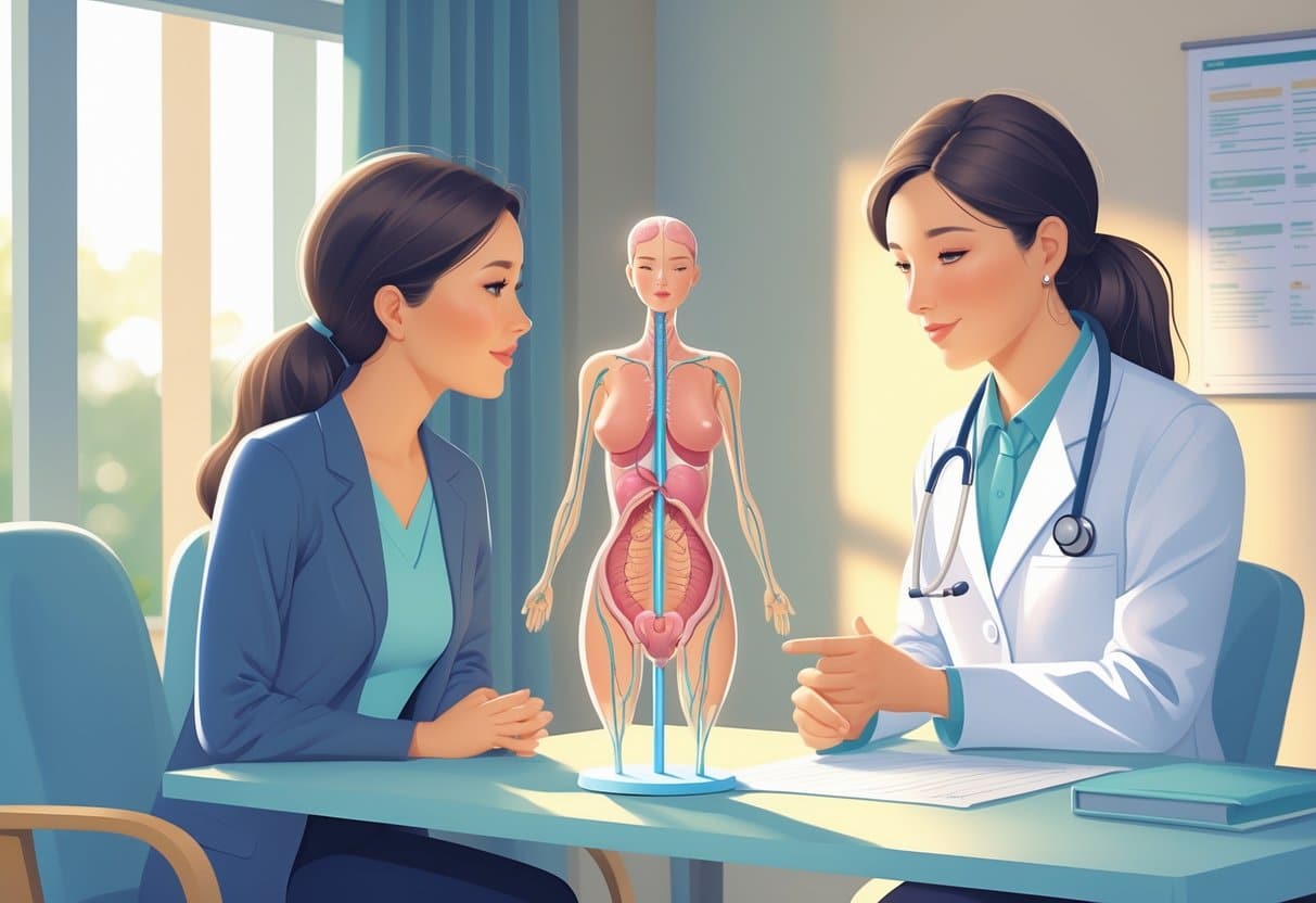Mulher conversando com médica em consultório sobre cuidados após laqueadura, com modelo anatômico feminino na mesa.