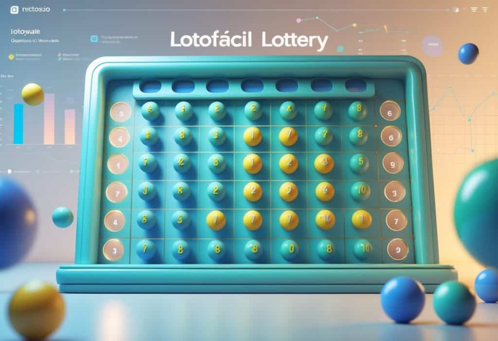 Ilustração mostrando uma placa de loteria com bolas numeradas, algumas destacadas para indicar os números que mais saem na Lotofácil.
