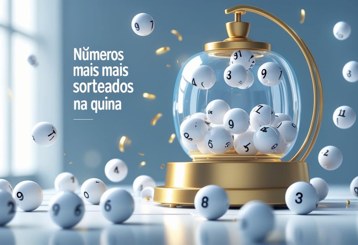 Máquina de loteria com bolas numeradas, algumas destacadas para mostrar os números mais sorteados na quina.