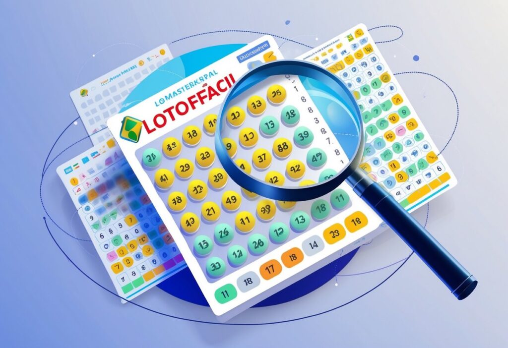 Ilustração de um bilhete de loteria Lotofácil com bolas numeradas e destaque em números repetidos, acompanhada por uma lupa e elementos que representam análise de resultados.