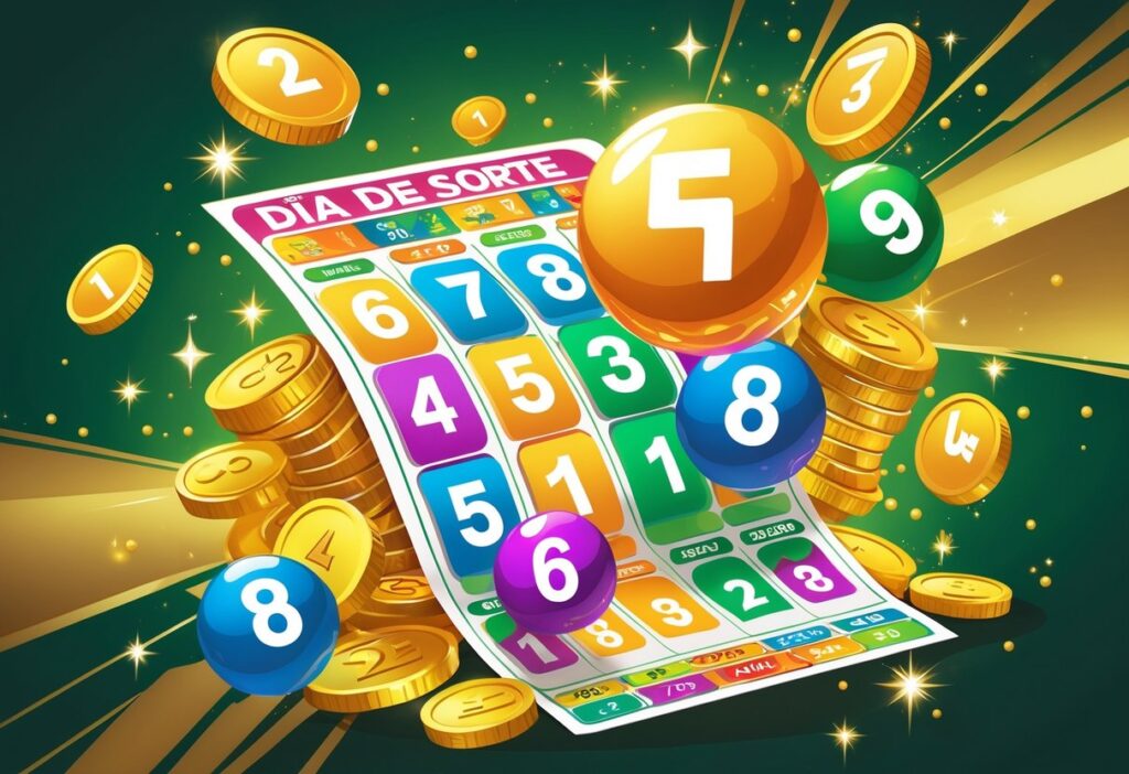 Ilustração colorida de um bilhete de loteria cercado por moedas douradas e bolas numeradas flutuantes, representando números mais sorteados no Dia de Sorte.