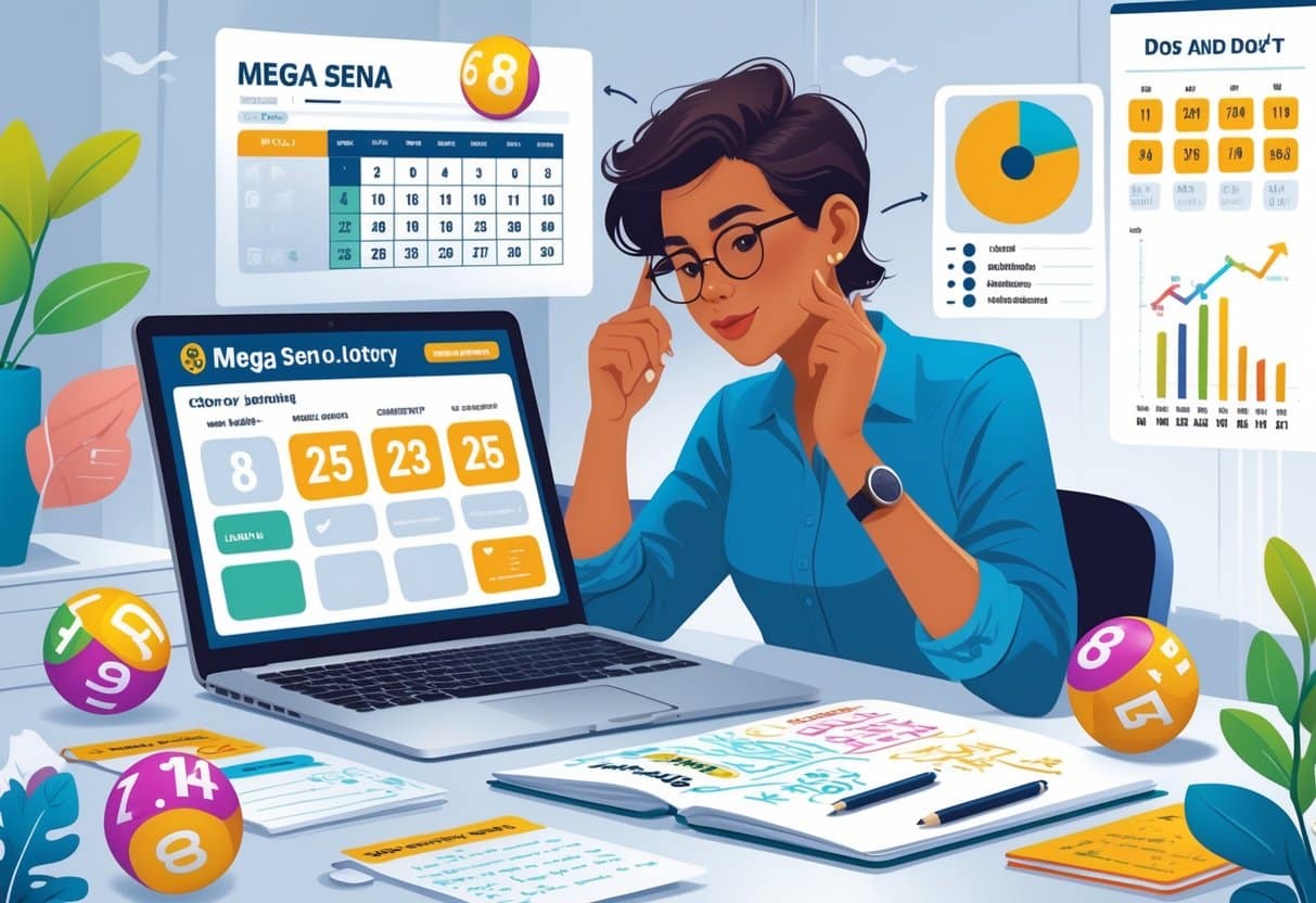 Pessoa planejando dicas para jogar na Mega Sena, com laptop, calendário, anotações e bolas de loteria ao redor.
