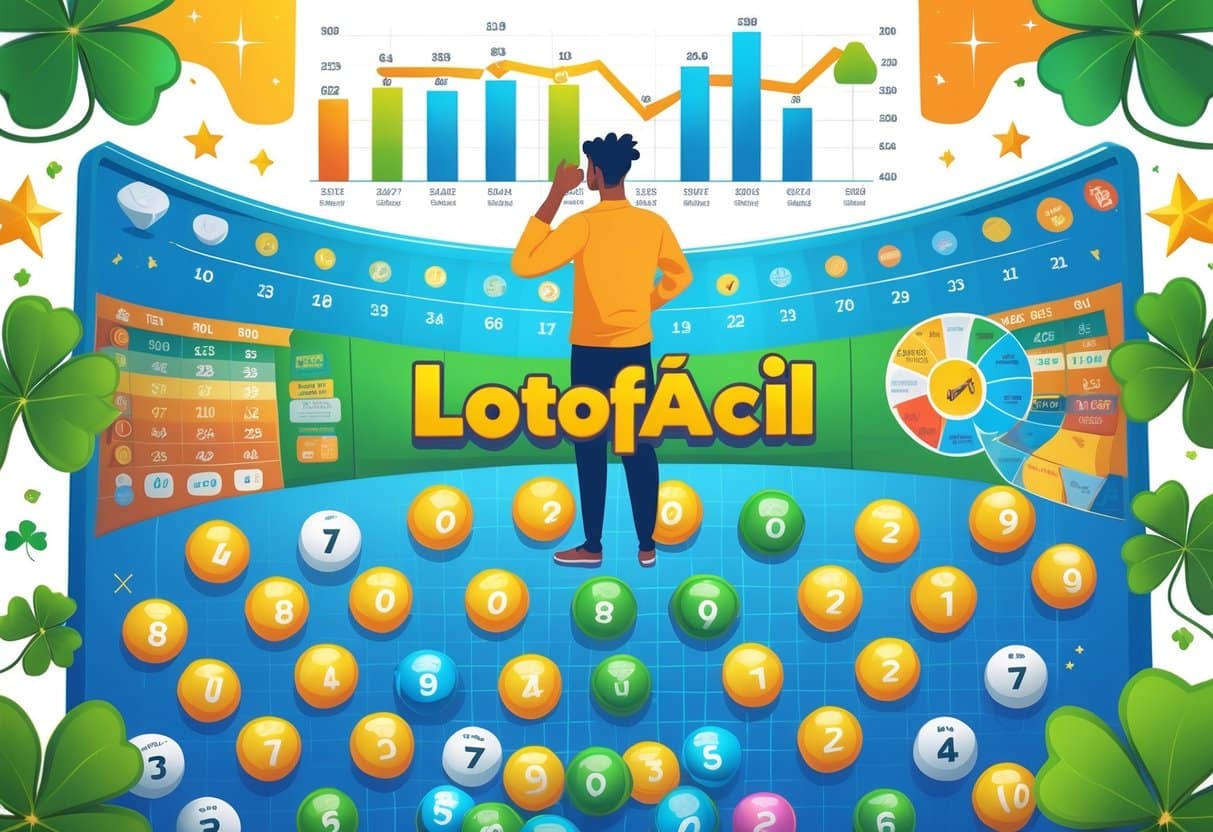 Pessoa confiante analisando um quadro grande com bolas numeradas de loteria, cercada por gráficos e símbolos de sorte e sucesso.