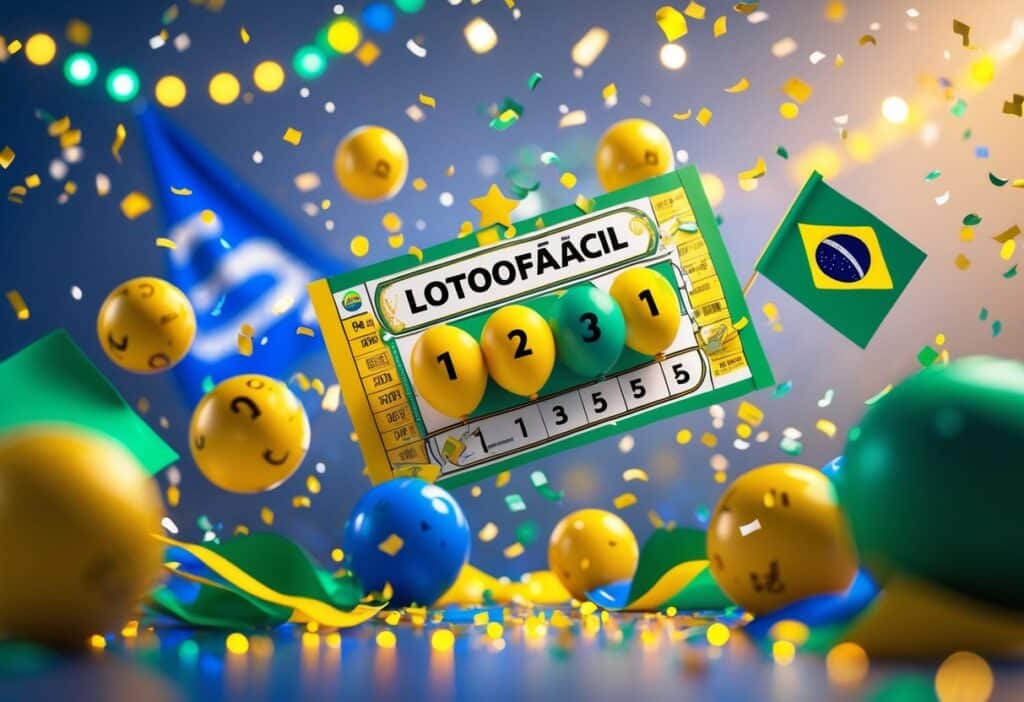 Ilustração colorida mostrando um bilhete de loteria com bolas numeradas flutuando, decorado com elementos da bandeira do Brasil e confetes, transmitindo uma atmosfera festiva.