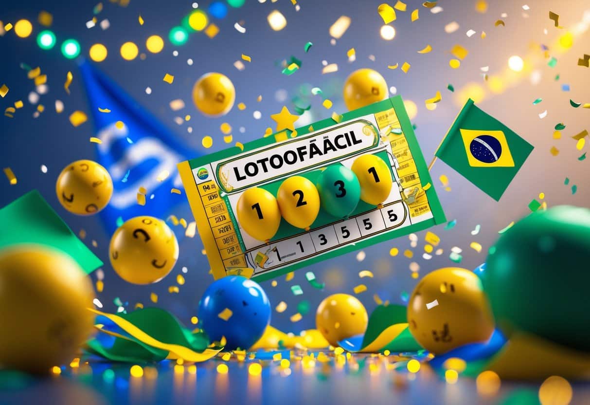 Ilustração colorida mostrando um bilhete de loteria com bolas numeradas flutuando, decorado com elementos da bandeira do Brasil e confetes, transmitindo uma atmosfera festiva.