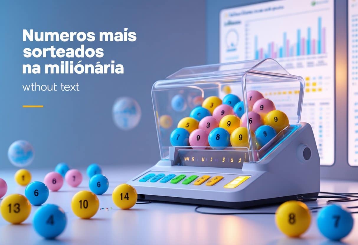 Máquina de loteria transparente com bolas numeradas coloridas, algumas destacadas, em um ambiente moderno com gráficos e padrões numéricos ao fundo.