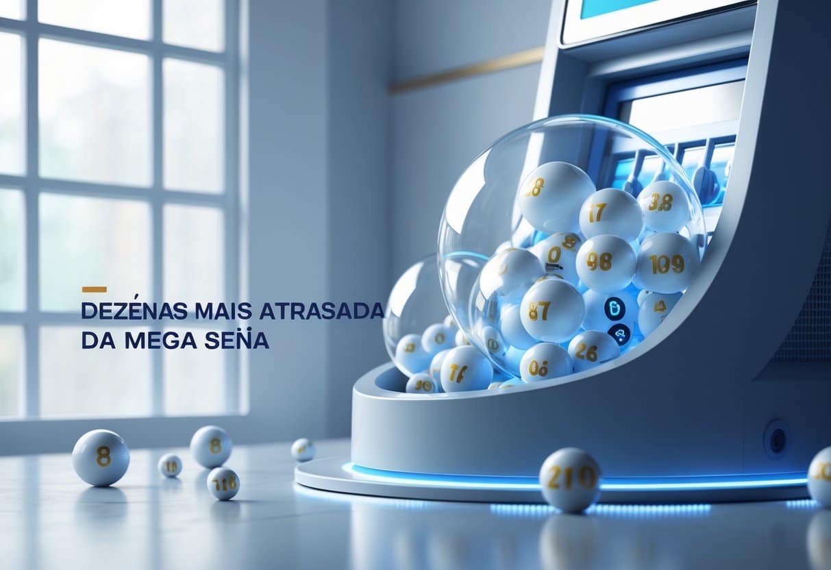 Máquina de loteria com bolas numeradas destacadas, representando as dezenas mais atrasadas da Mega Sena.