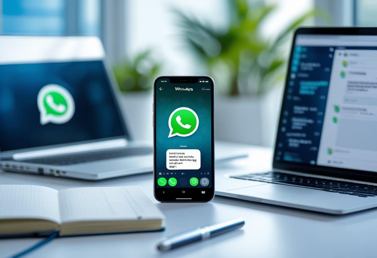 Mesa de trabalho com smartphone mostrando a interface do WhatsApp, laptop aberto e um caderno com caneta ao lado.