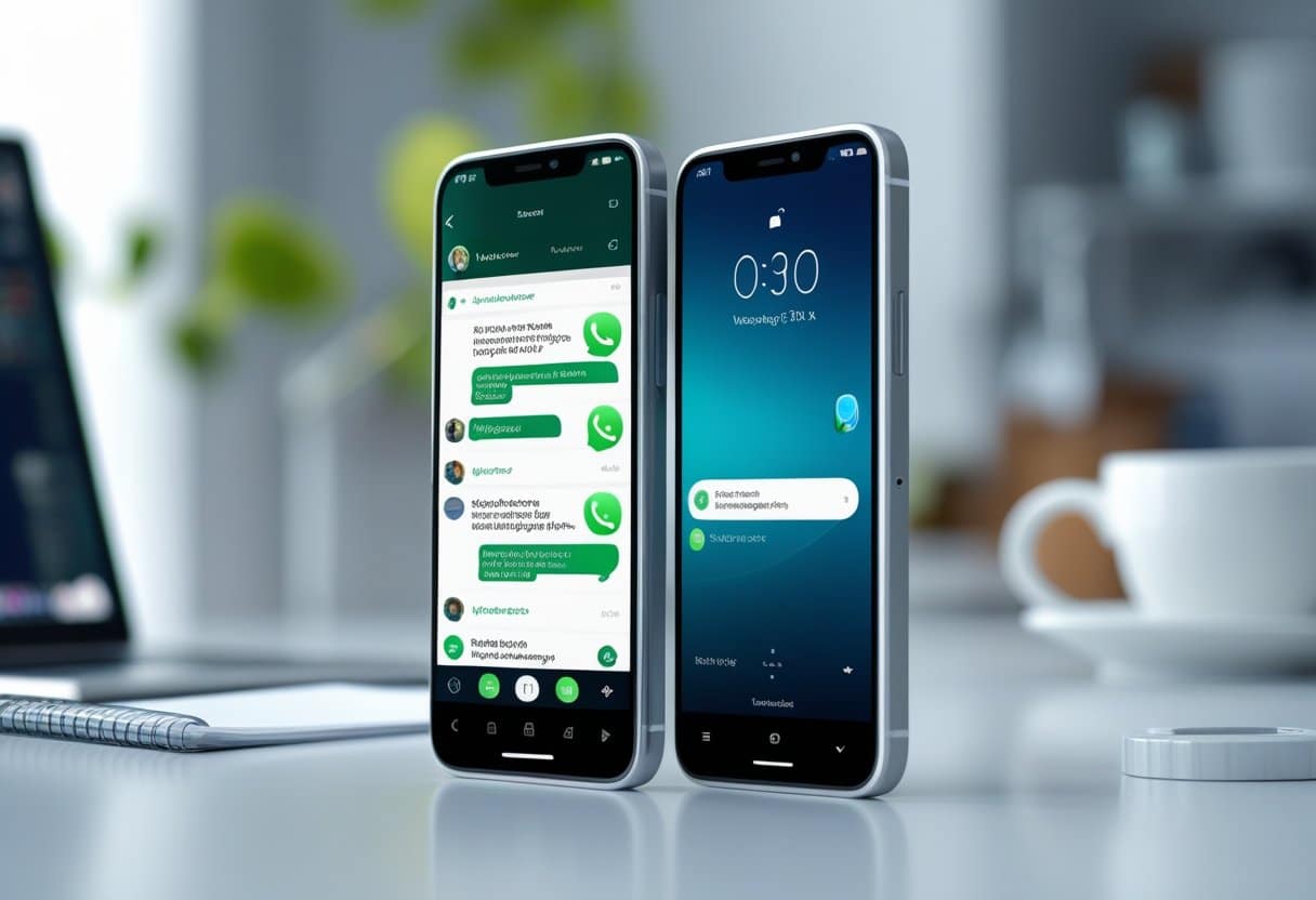 Dois smartphones modernos lado a lado mostrando a interface do WhatsApp espelhada em ambos os aparelhos sobre uma mesa limpa.