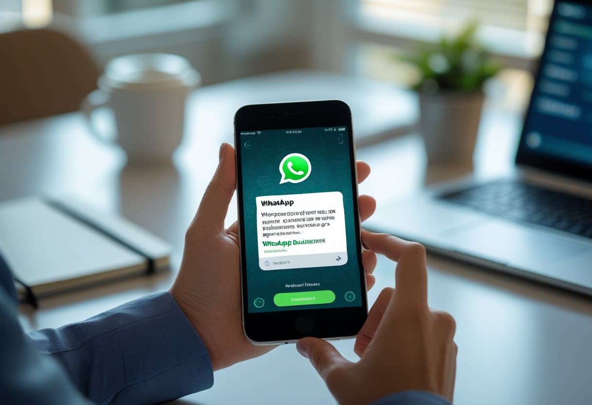 Pessoa segurando um smartphone com a interface do WhatsApp, em uma mesa com laptop, caderno e café ao fundo.