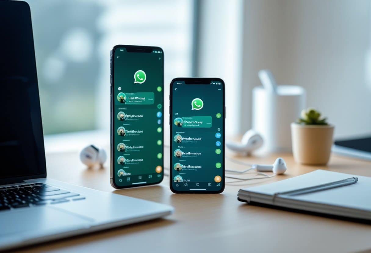 Dois smartphones próximos, um mostrando a tela do WhatsApp sendo espelhada no outro, sobre uma mesa limpa com acessórios de tecnologia ao fundo.