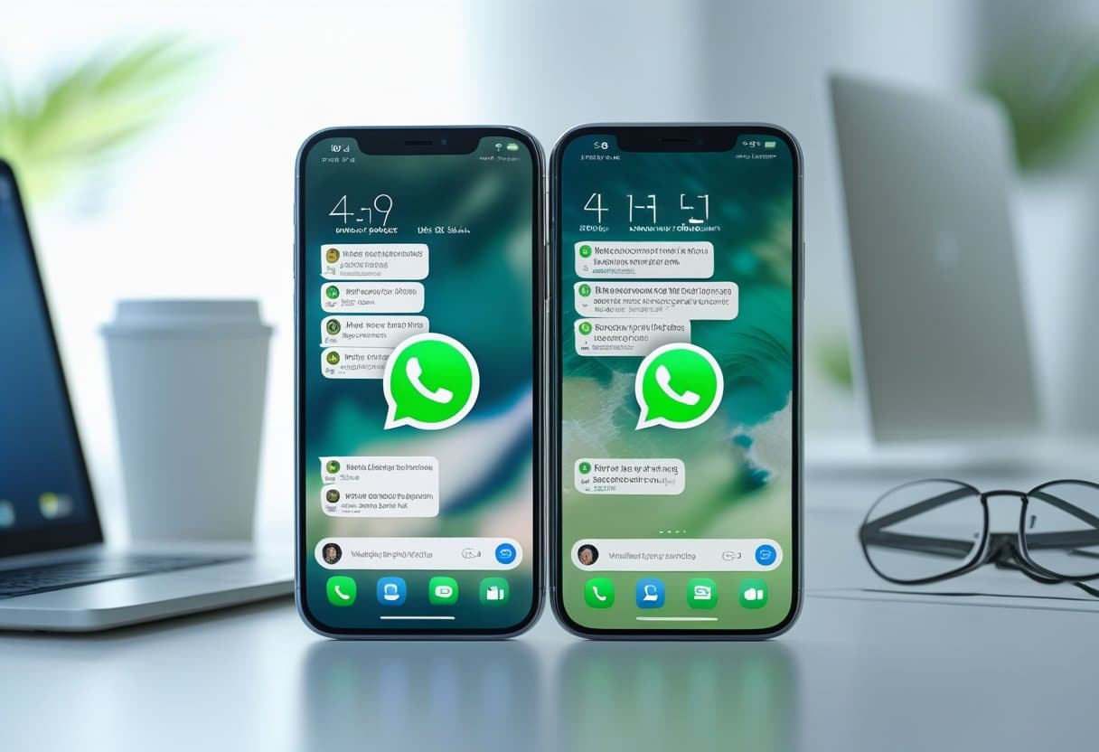 Dois smartphones modernos lado a lado exibindo a interface do WhatsApp, indicando espelhamento de aplicativo em um ambiente de trabalho.