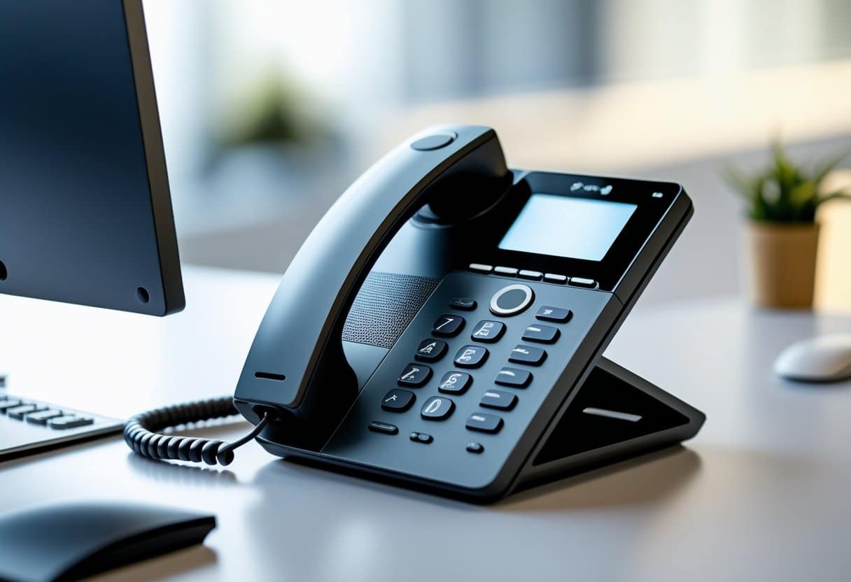 Telefone de mesa moderno preto sobre uma mesa de escritório organizada.