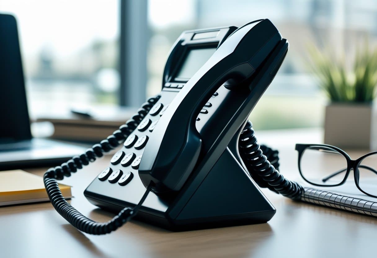 Telefone de mesa preto moderno em uma mesa de escritório com itens de trabalho ao redor, iluminado por luz natural.