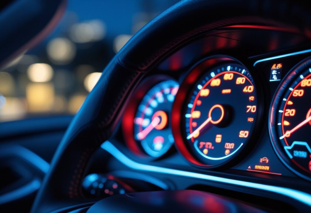 Painel de carro moderno à noite com luzes vermelhas de aviso piscando no painel de instrumentos.