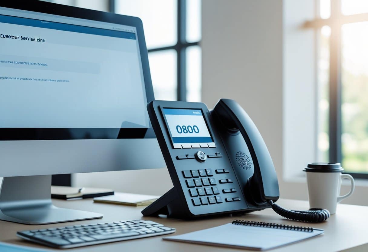 Mesa de escritório com computador desktop e telefone fixo, representando canais de atendimento e autoatendimento.