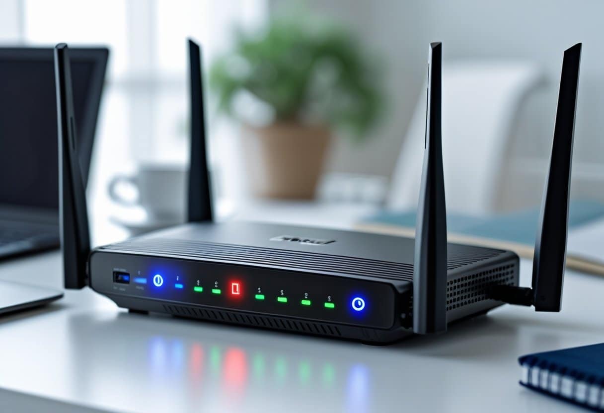 Close de um roteador com a luz LOS piscando vermelho em uma mesa de escritório organizada.